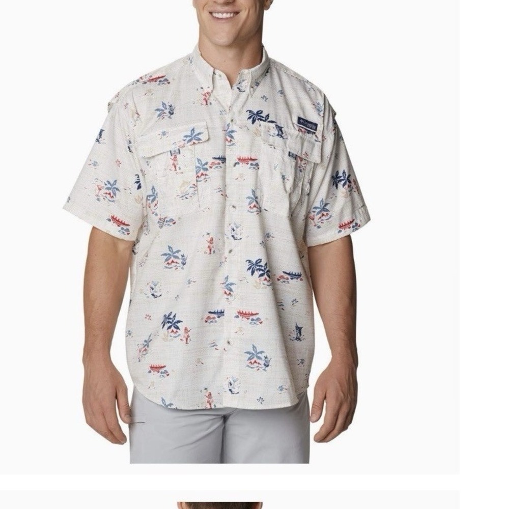 Columbia PFG Super Bahama‎ Hawaiian Shirt Mens Medium Beach Fishing Resort Luau